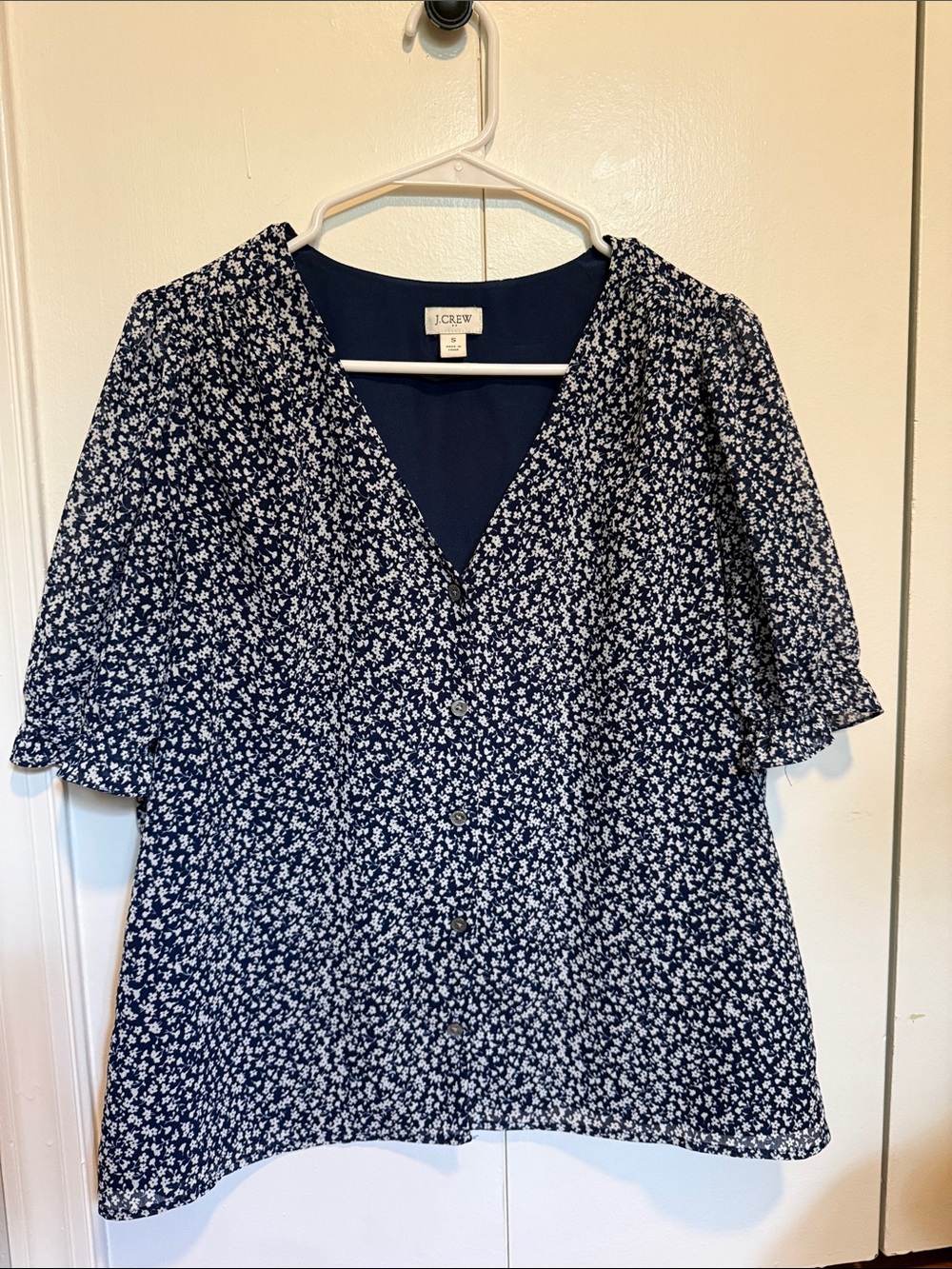 J. Crew Navy and White Ditsy Floral Button-Up Top